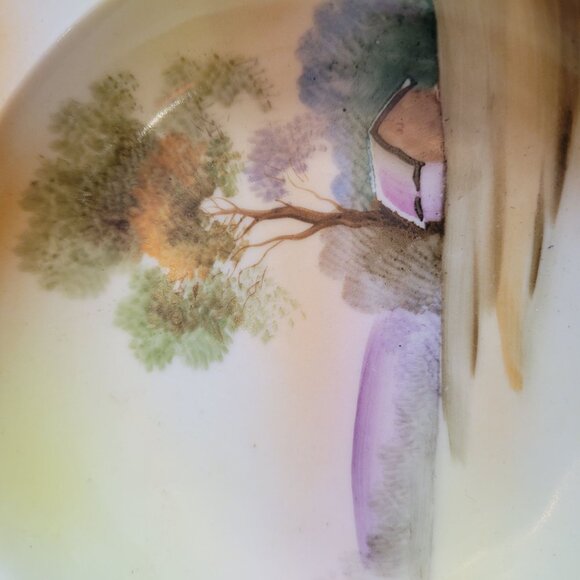 Hand-Painted Vintage Square Ceramic Bowl Japan With Cottage & Tree Scene 5 Inche - Picture 2 of 5